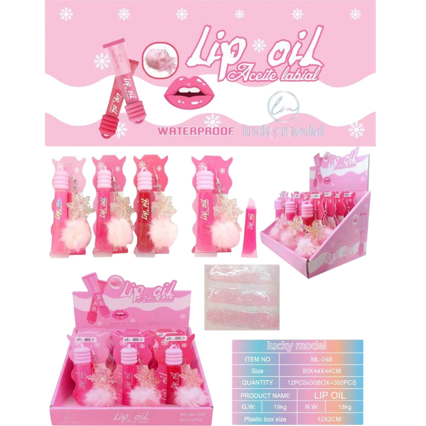 12PCS DISPLAY SNOWFLAKE WATERPROOF LIP OIL ML-24B