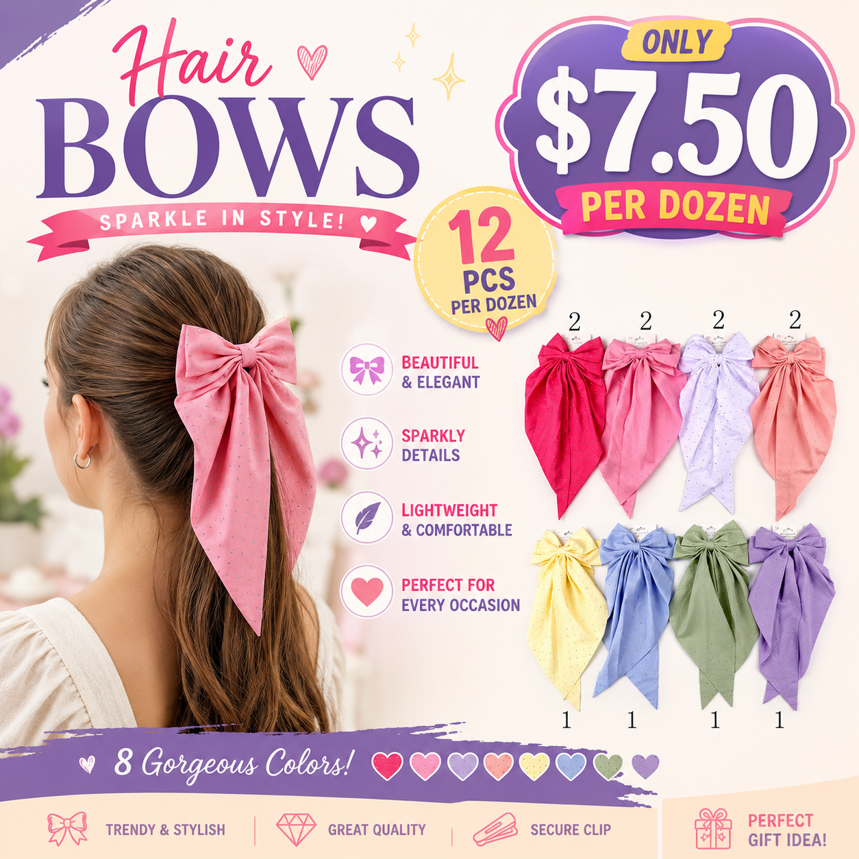 12PCS PACK BLING BLING SPARKLE JUMBO HAIR  BOWS YBR-1875