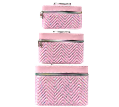 HALOGRAPHIC PINK 3PCS CARRY MAKEUP BOX
