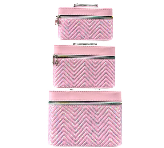HALOGRAPHIC PINK 3PCS CARRY MAKEUP BOX