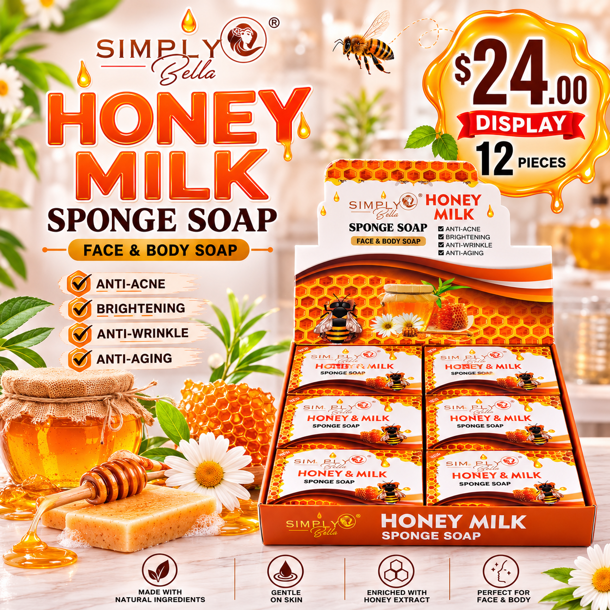 12PCS DISPLAY SIMPLY BELLA HONEY MILK SPONGE SOAP SIM060