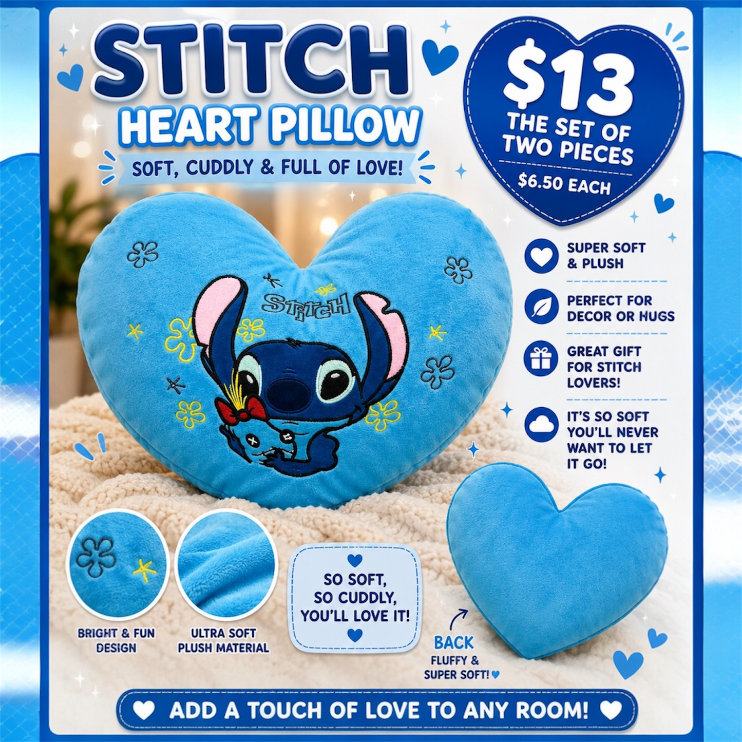 2PCS BLUE GUY HEART PILLOW