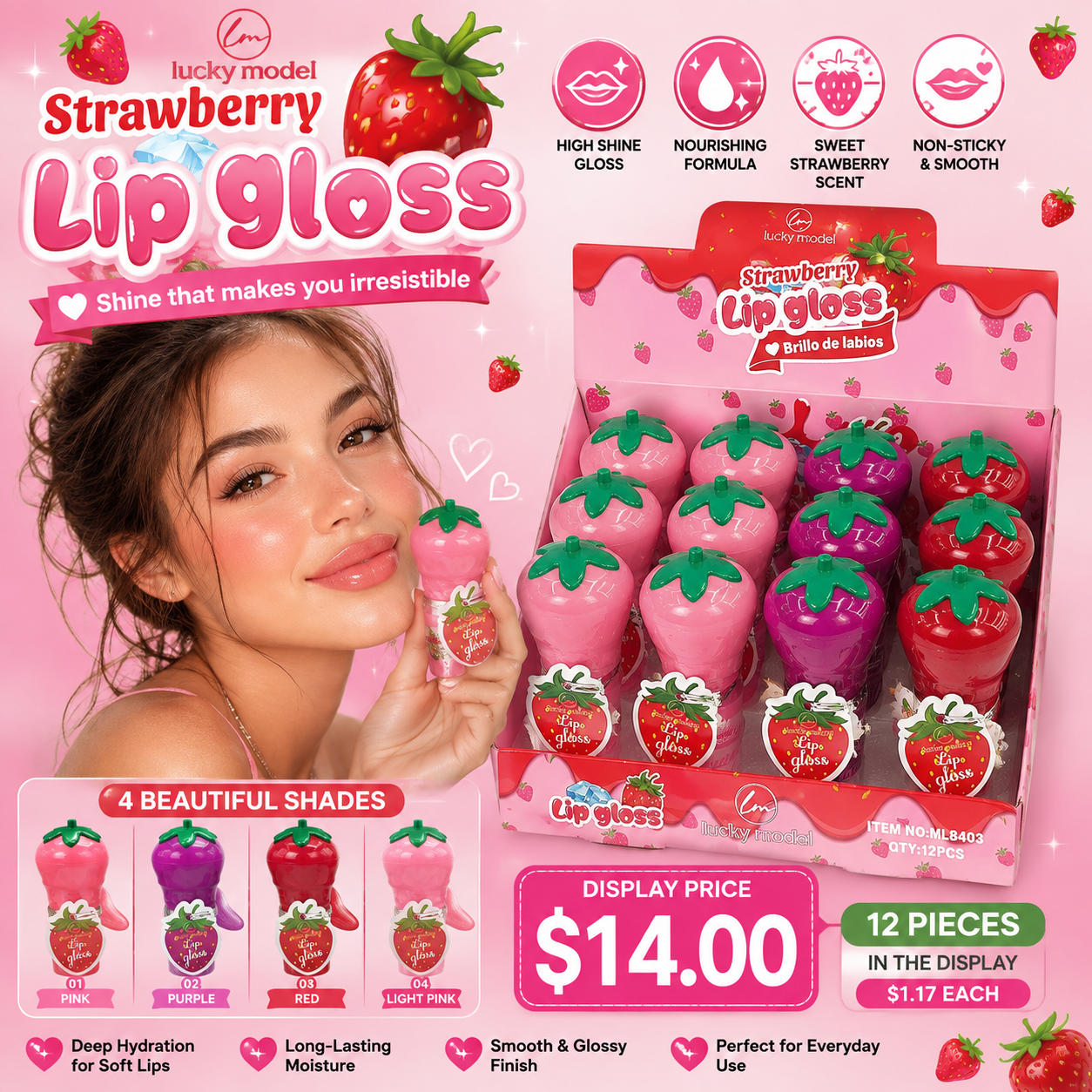 12PCS DISPLAY LUCKY MODEL COLORED STRAWBERRY LIPGLOSS ML8403