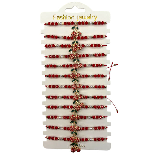 STUDDED CHERRY  STRING  BRACELET 12 PCS PACK