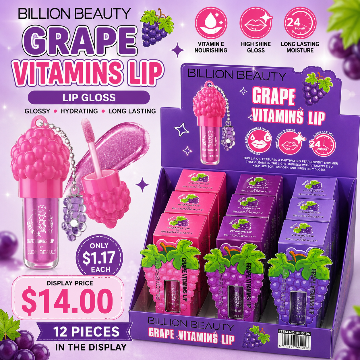 12PCS DISPLAY BILLION BEAUTY GRAPE VITAMIN LIP OIL B80195