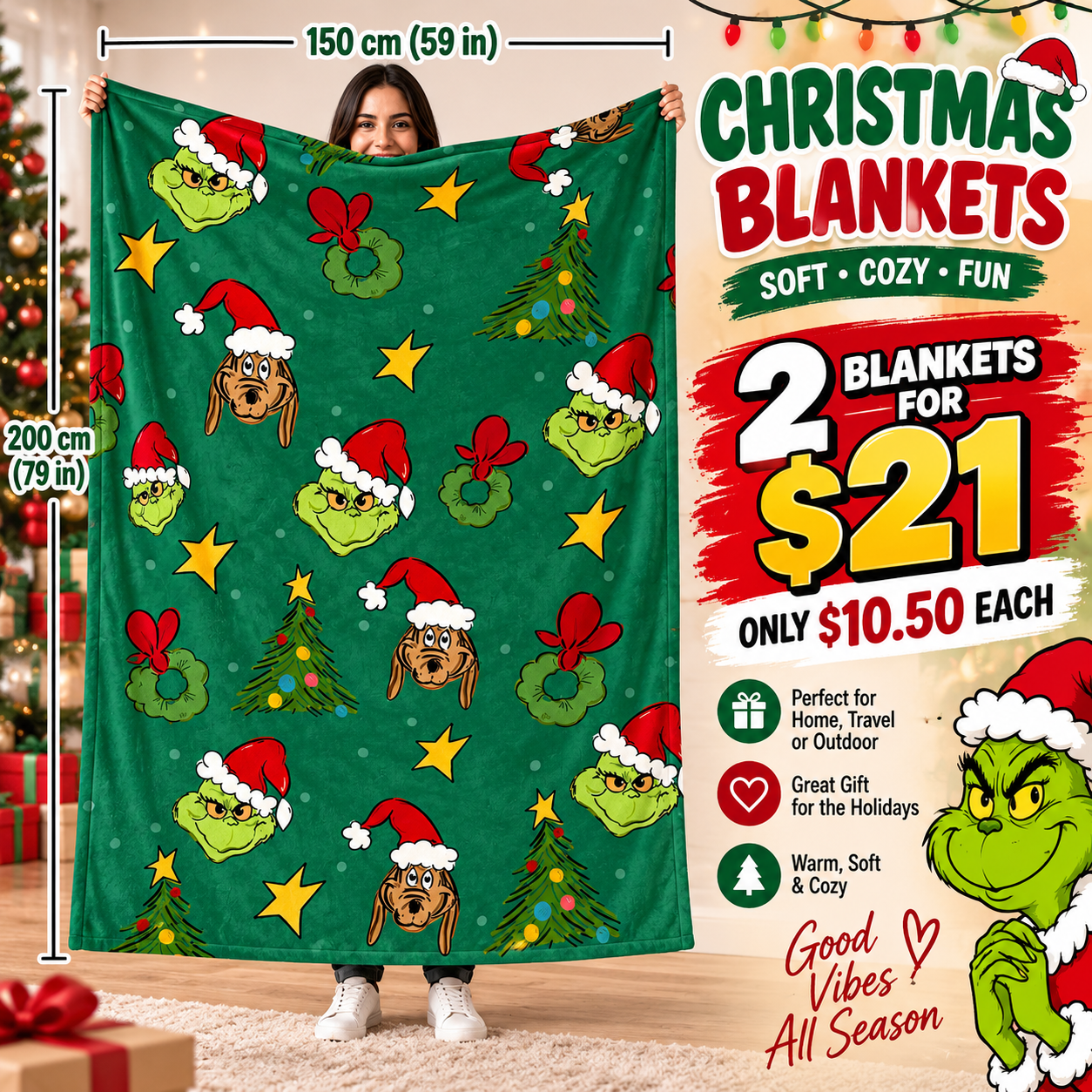 2PCS GREEN CHRISTMAS GRINCH  BLANKET D-6