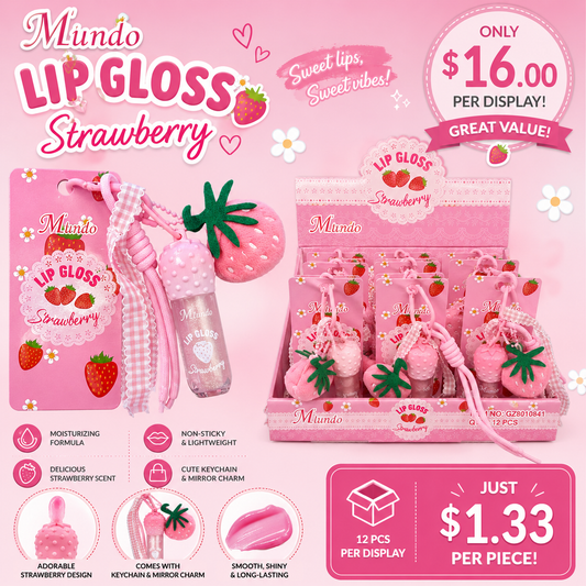 12PCS DISPLAY M’LUNDO KEYCHAIN STRAWBERRY LIP GLOSS 0841