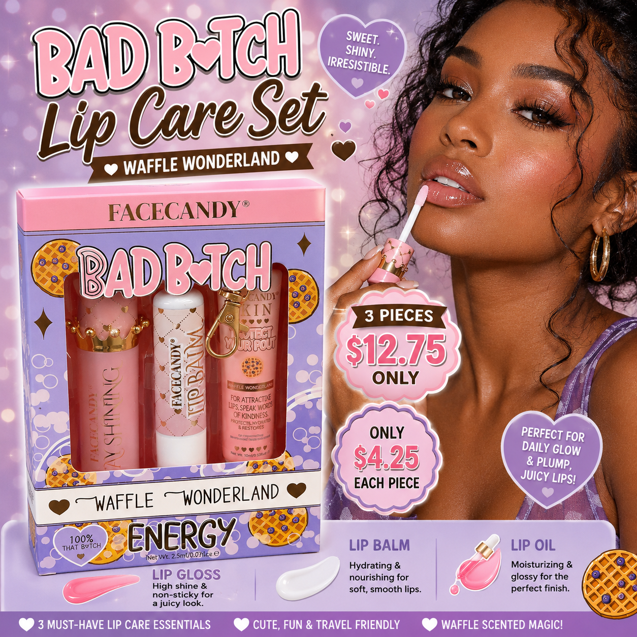 3PCS SET INSPO FACECANDY LIP CARE SET BAD B💗TCH WAFFLE WONDERLAND B-004