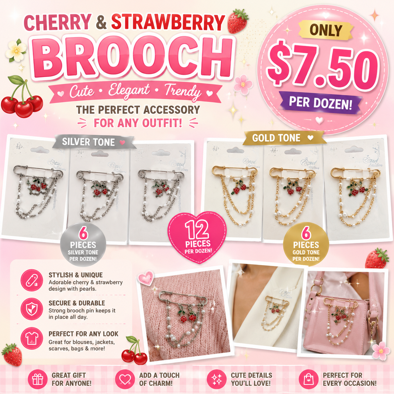 12PCS PACK METALLIC BROOCH WITH CHARM CHERRY-STRAWBERRY GOLD AND SILVER YNV-1706