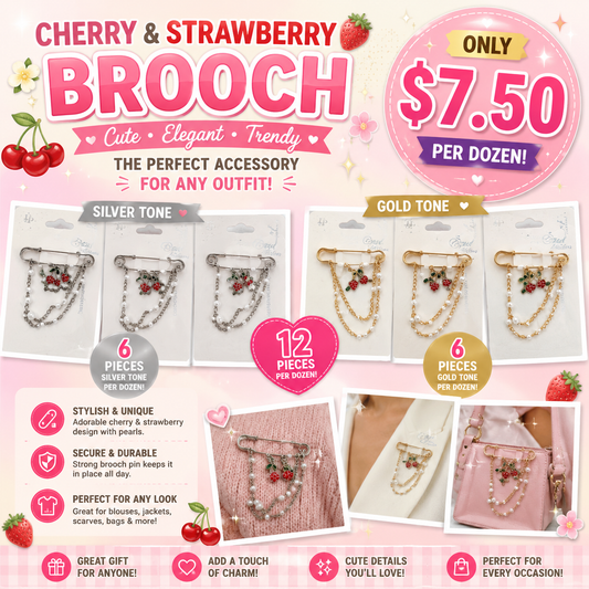 12PCS PACK METALLIC BROOCH WITH CHARM CHERRY-STRAWBERRY GOLD AND SILVER YNV-1706