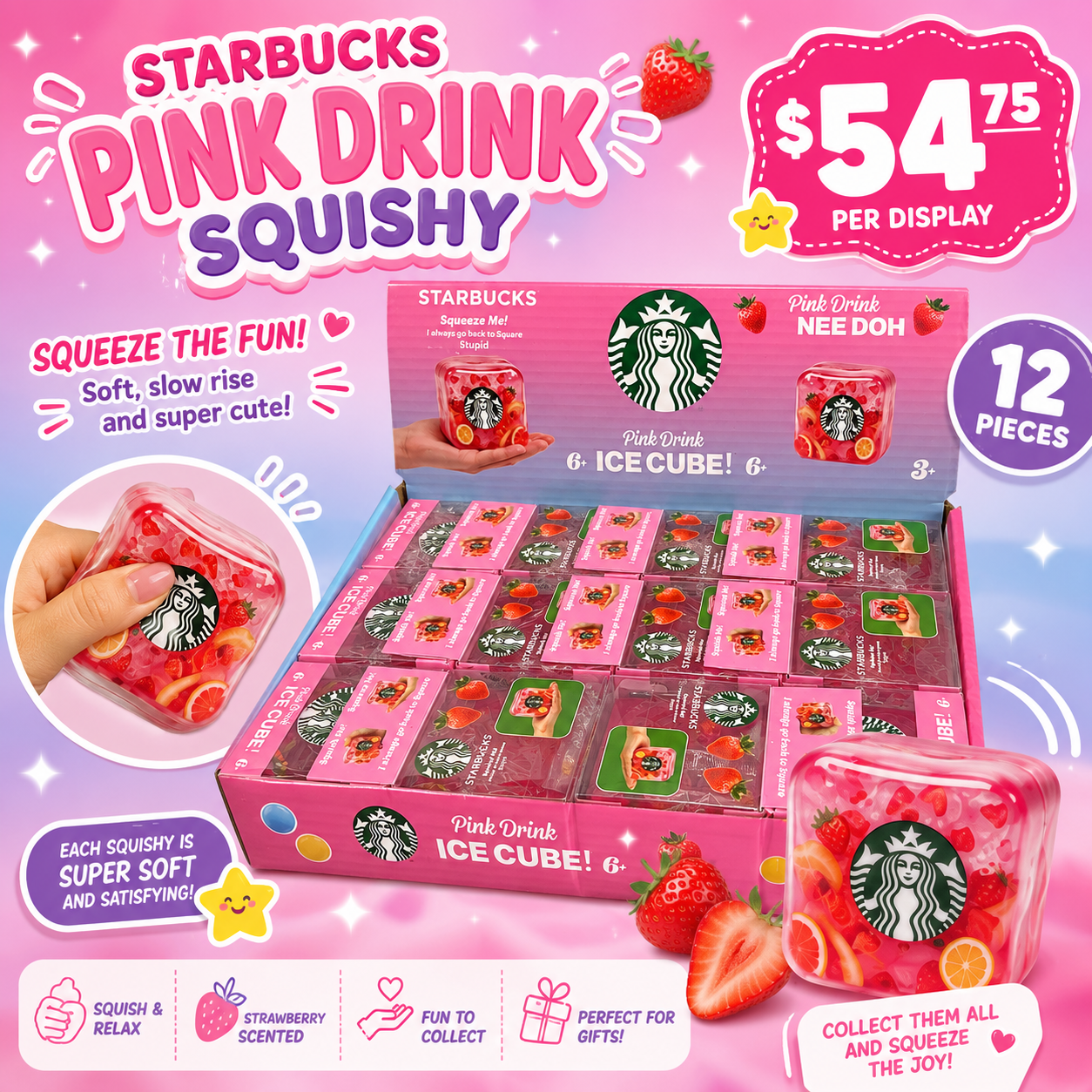 12PCS DISPLAY STARBIES SQUEEZY NEE DOH ICE CUBE PINK