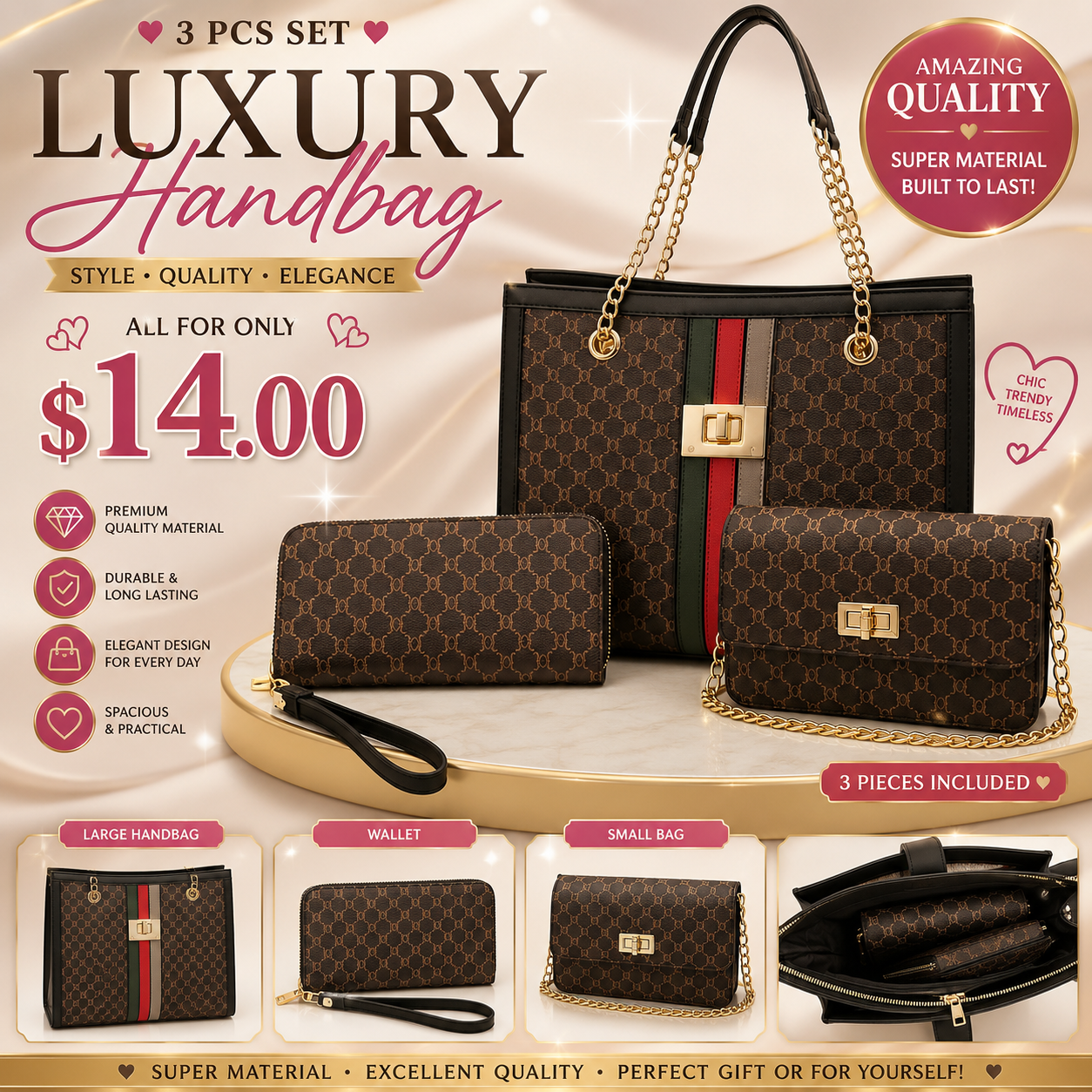 1PCS SET G&G LUXURY BAG, WALLET & PURSE DARK