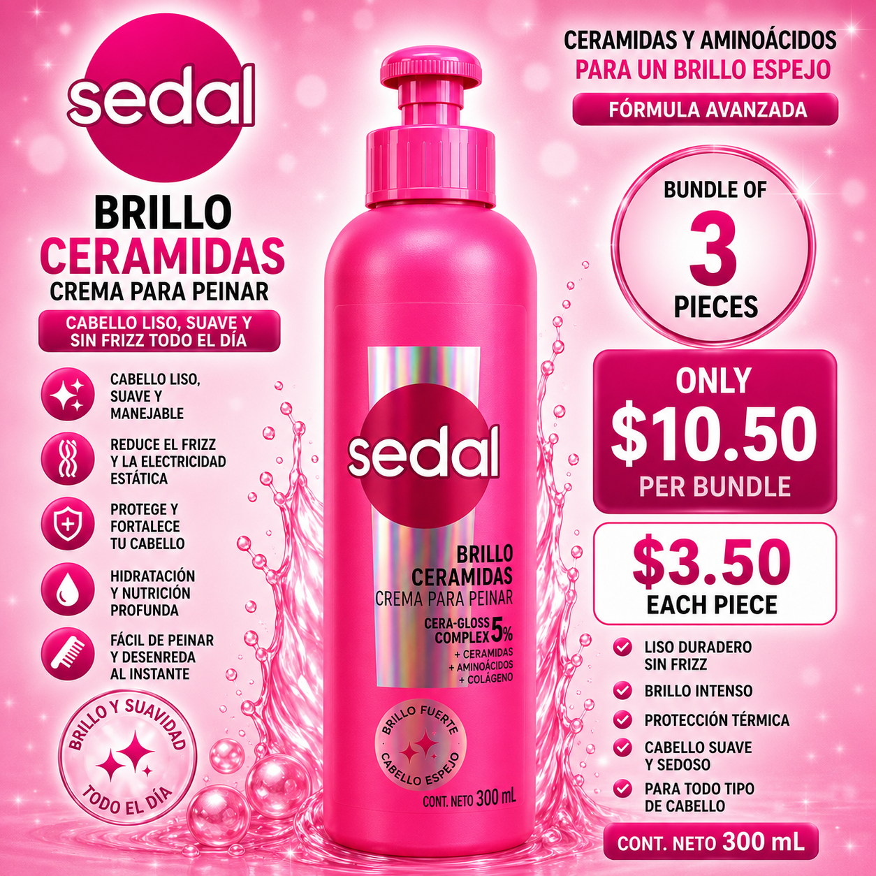 3PCS SEDAL BRILLO CERAMIDES CREMA PARA PEINAR 0124