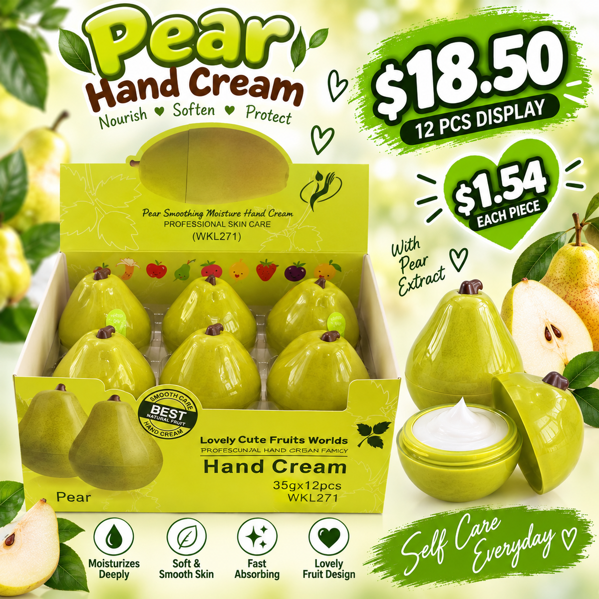 12PCS DISPLAY PEAR  FRUIT FIGURE HAND CREAM WKL271