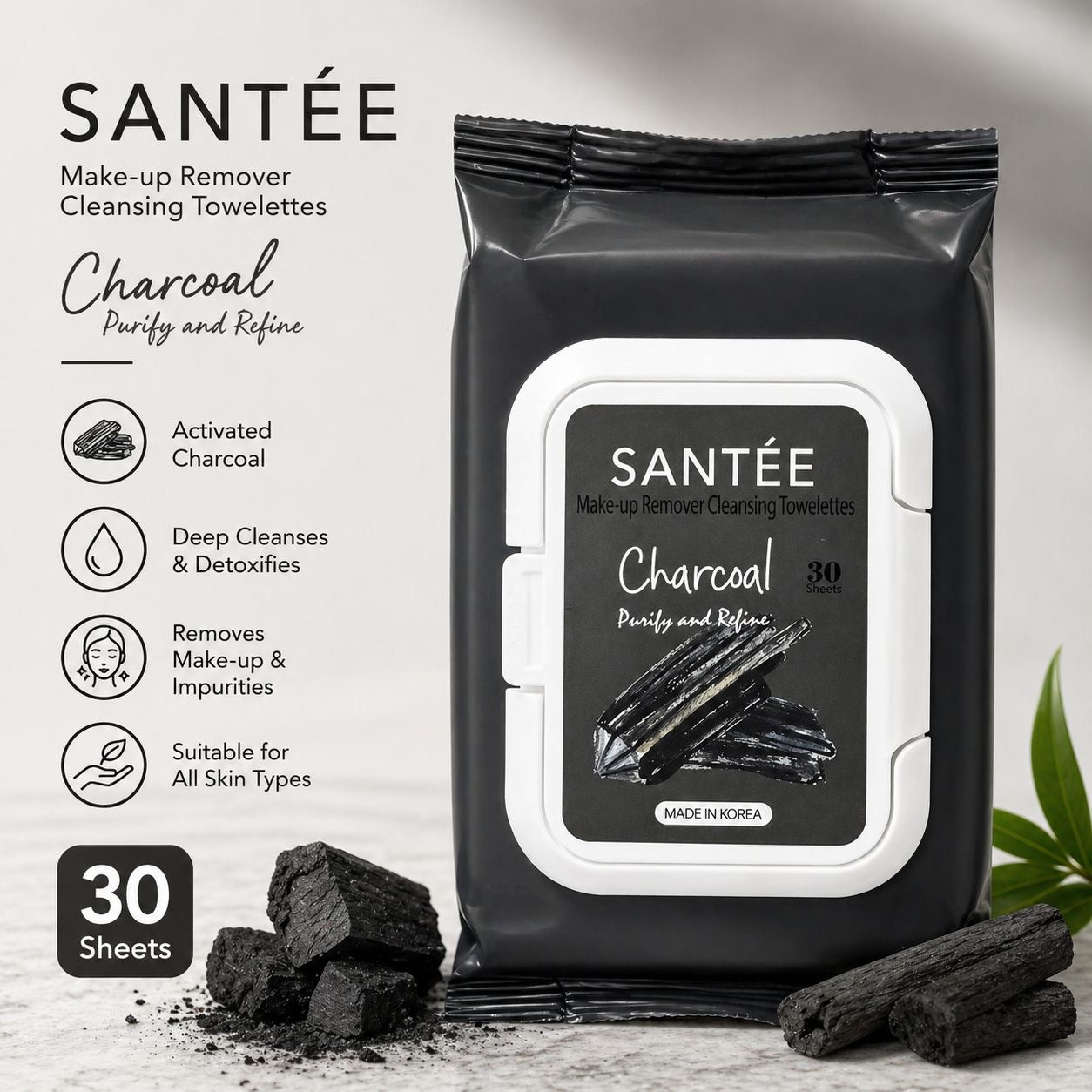 6PCS CHARCOAL SANTEE MAKE-UP REMOVER TOWELETTES ST003