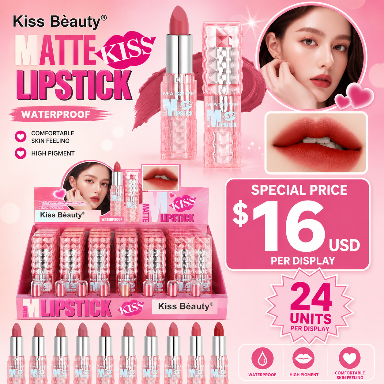 24PCS DISPLAY KISS BEAUTY WATERPROOF MATTE LIPSTICK 36063-03