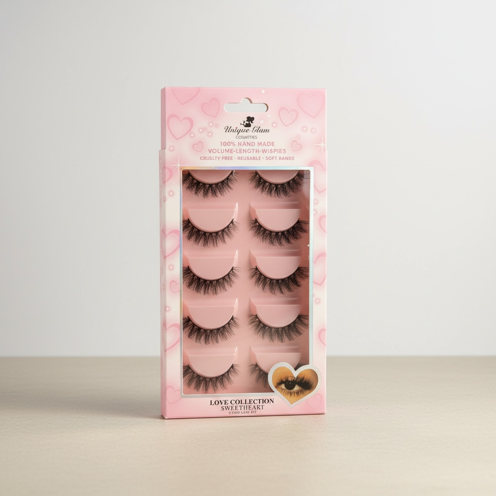3PCS UNIQUE GLAM COSMETICS SWEETHEART LOVE COLLECTION 5 PAIR LASHES