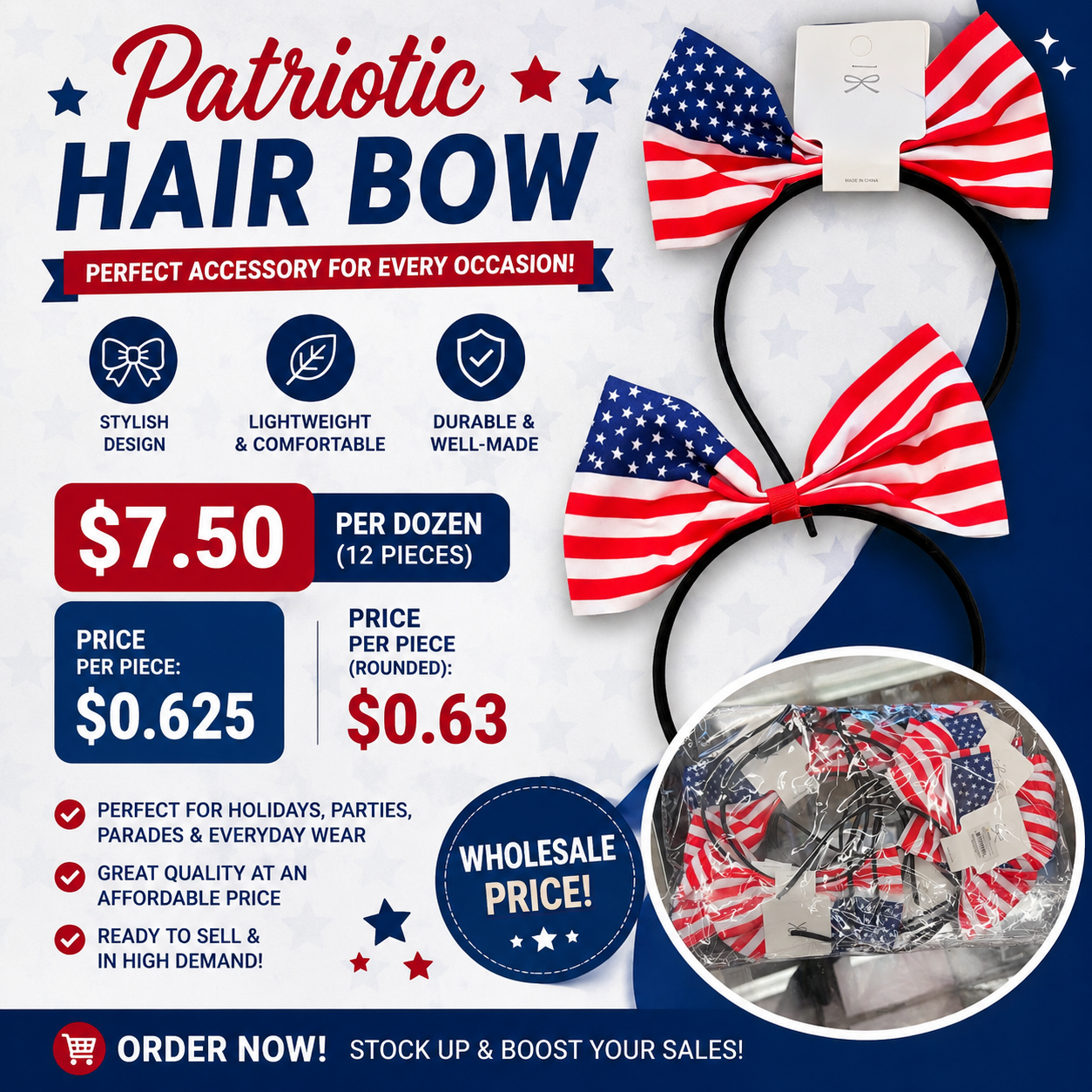 12PCS PACK PATRIOTIC HAIR BOW HB1134