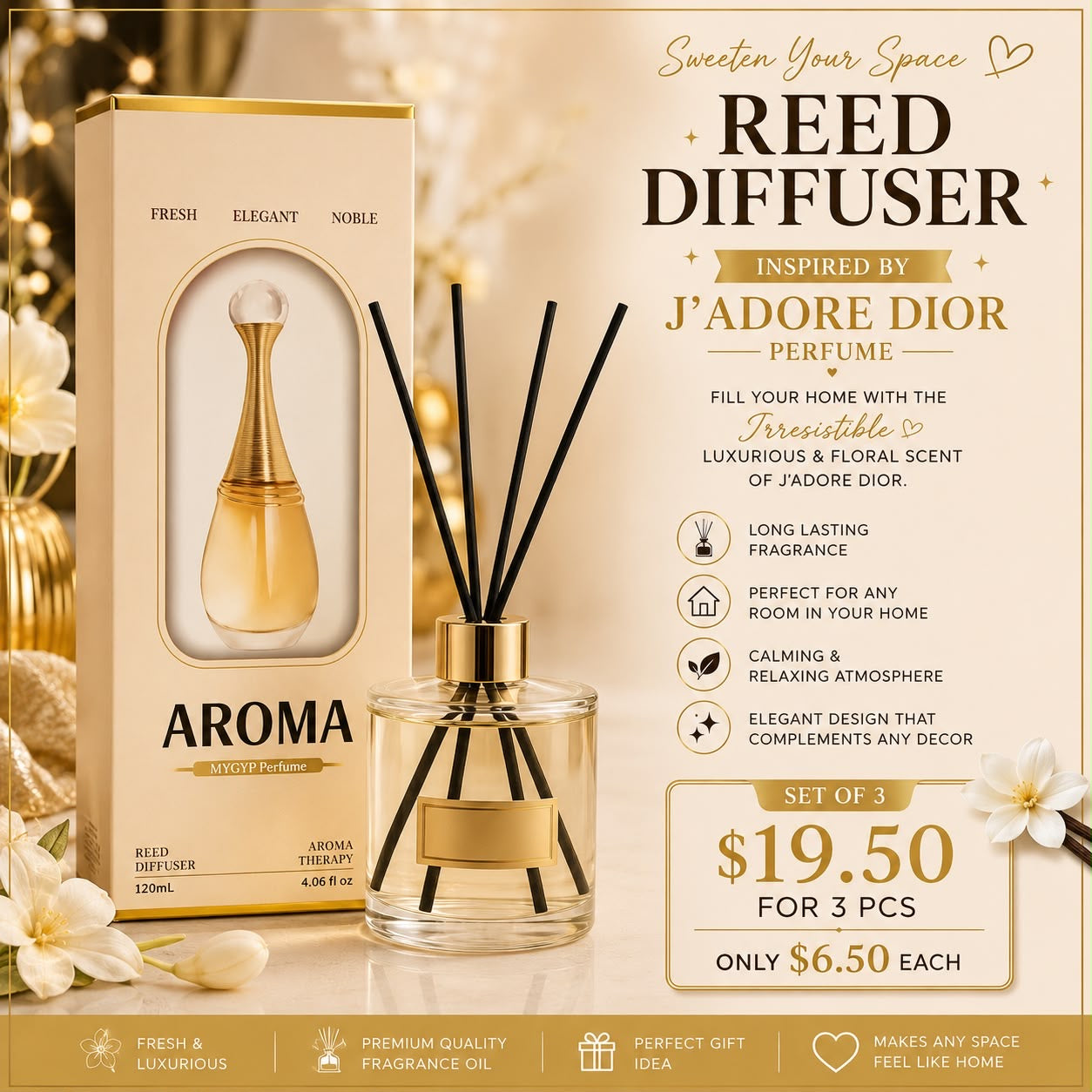 3PCS SET REED DIFFUSER INSPO BY J’DORE D I O R 0014