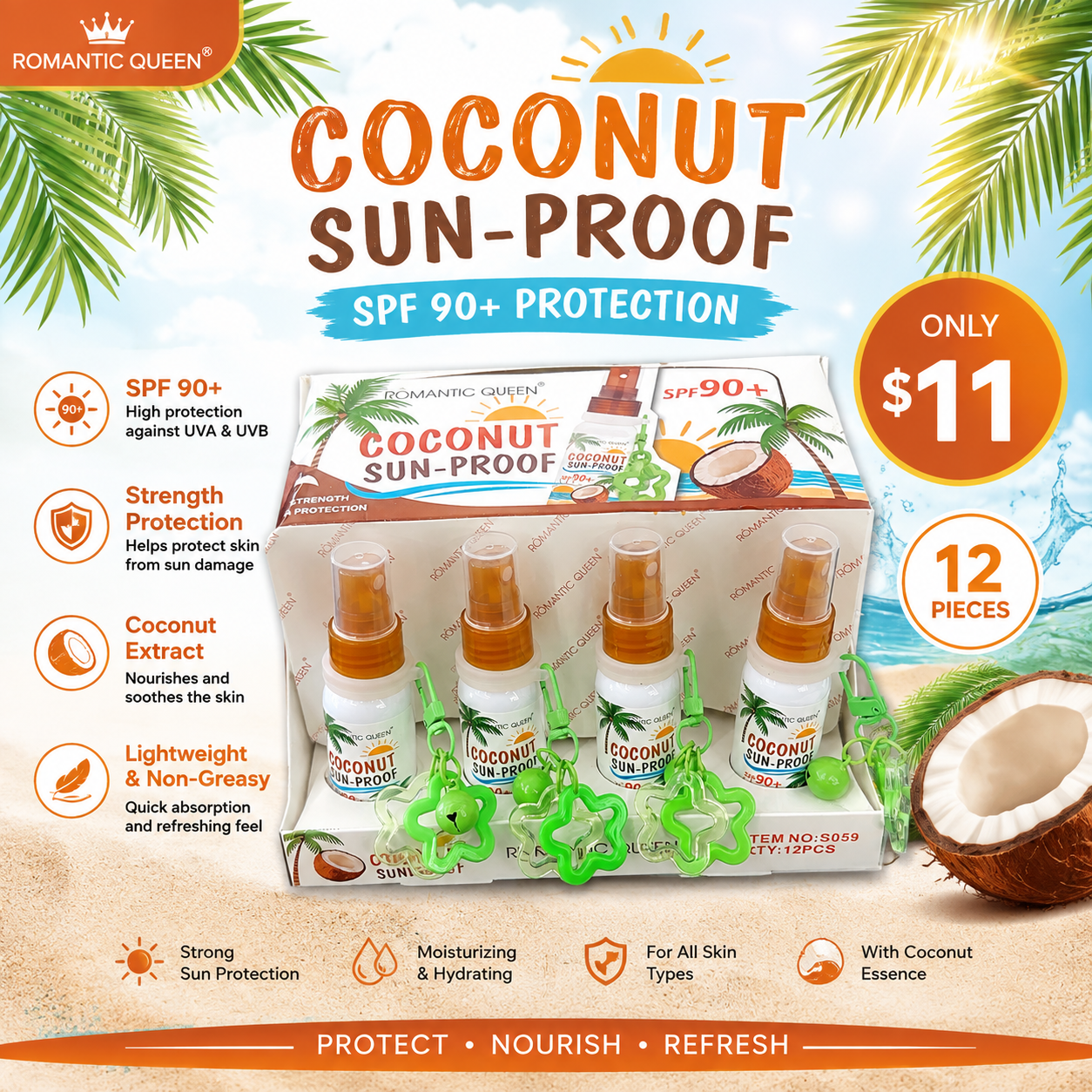 12PCS ROMANTIC QUEEN SPRAY SUN-PROOF COCO-NUT SPF90+ UVA/UVB S059