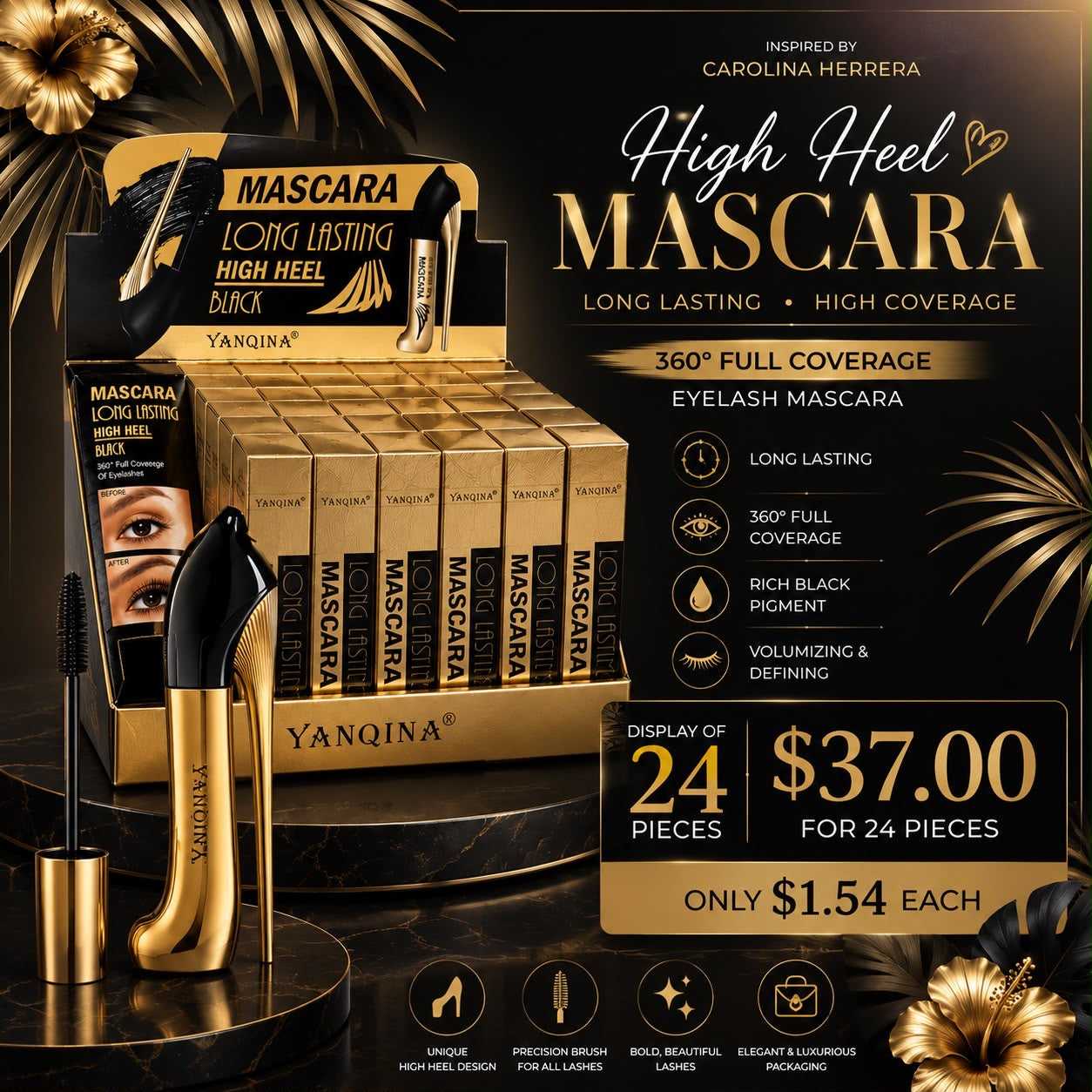 24PCS DISPLAY YANQINA MASCARA LONG LASTING INSPO HIGH HEEL CH 8859