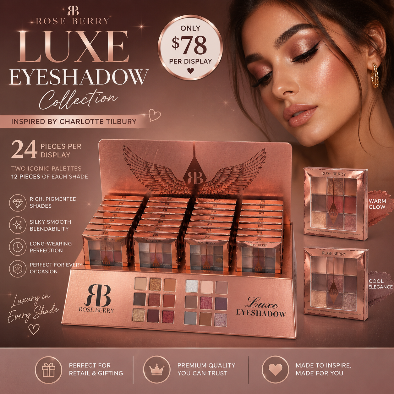 24PCS DISPLAY ROSE BERRY LUXURY EYESHADOW INSPO CHARLOTTE TILBURY 1077