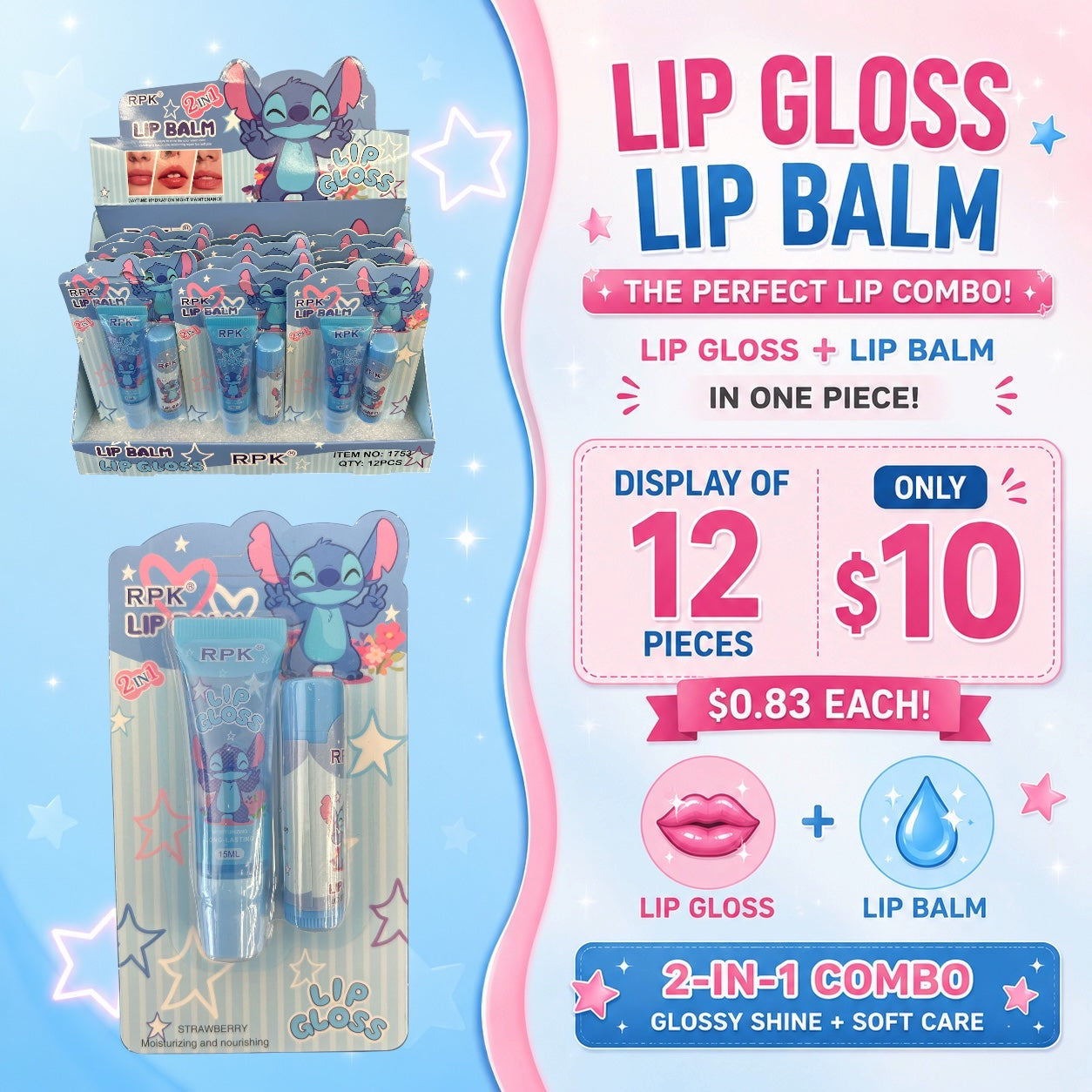 12PCS RPK LIP-BALM & LIP-GLOS BLUE GUY 1753