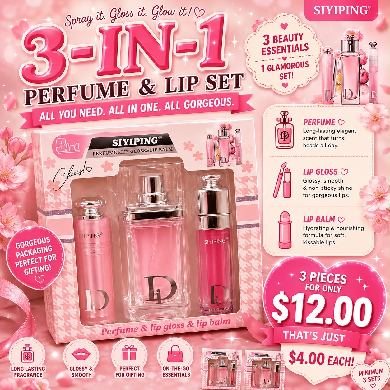 3PCS SIYIPING D&D FRAGRANCE & LIP GLOSS DUO SET SYP-ST80