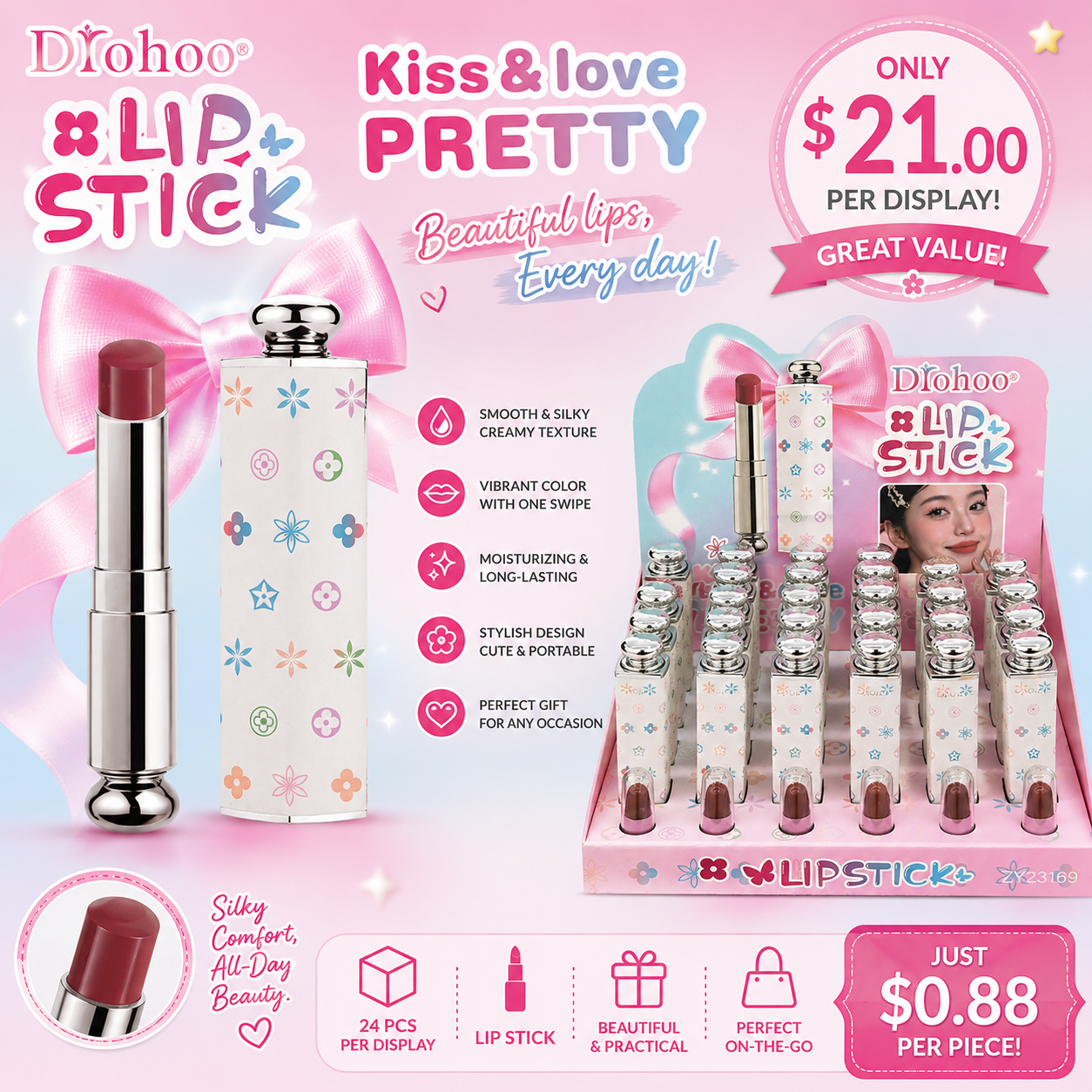 24PCS DISPLAY DROHOO KISS & LOVE PRETTY LIPSTICK ZY23169