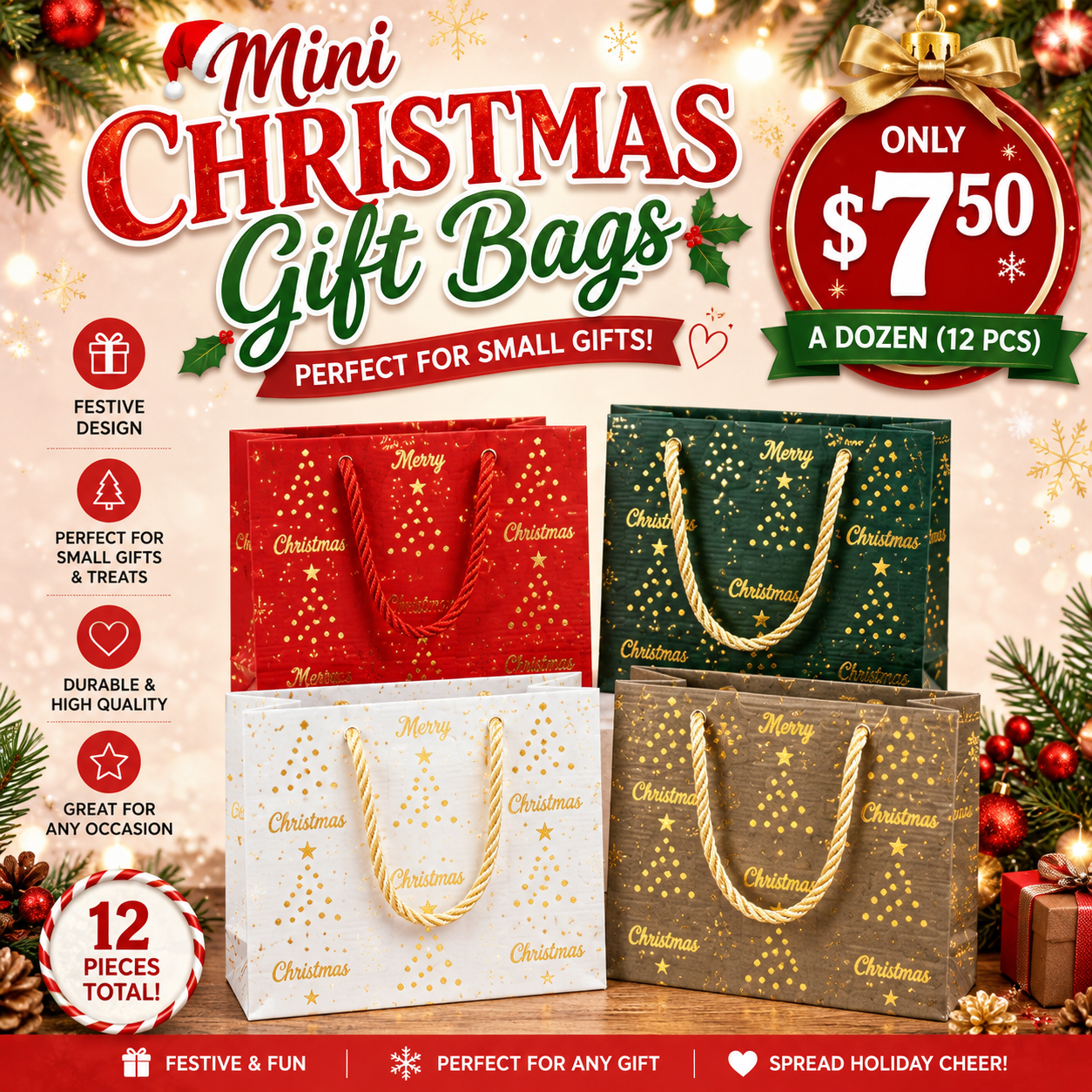 12PCS ASSORTED CHRISTMAS GIFT BAGS F287063