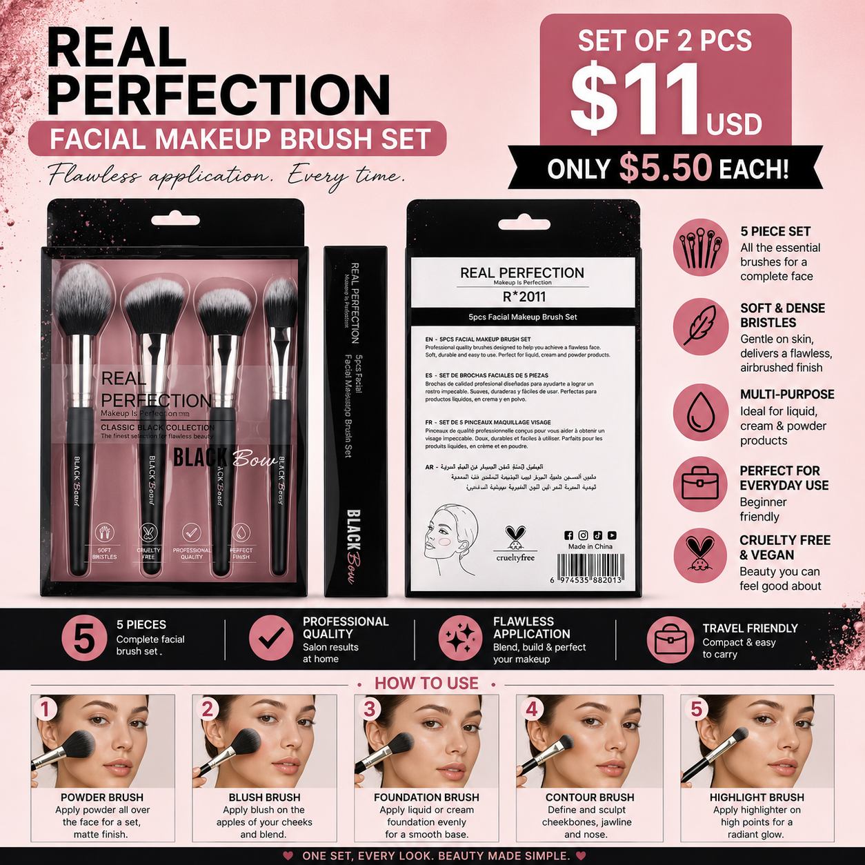 2PCS SET REAL PERFECTION BLACK  BOW FACIAL MAKEUP BRUSH R-2011