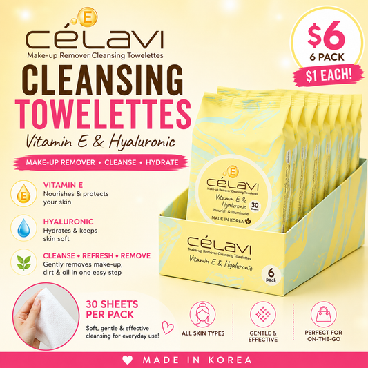 6PCS DISPLAY VITAMIN E & HYALURONIC REMOVER CLEANSING TOWELETTES MT027