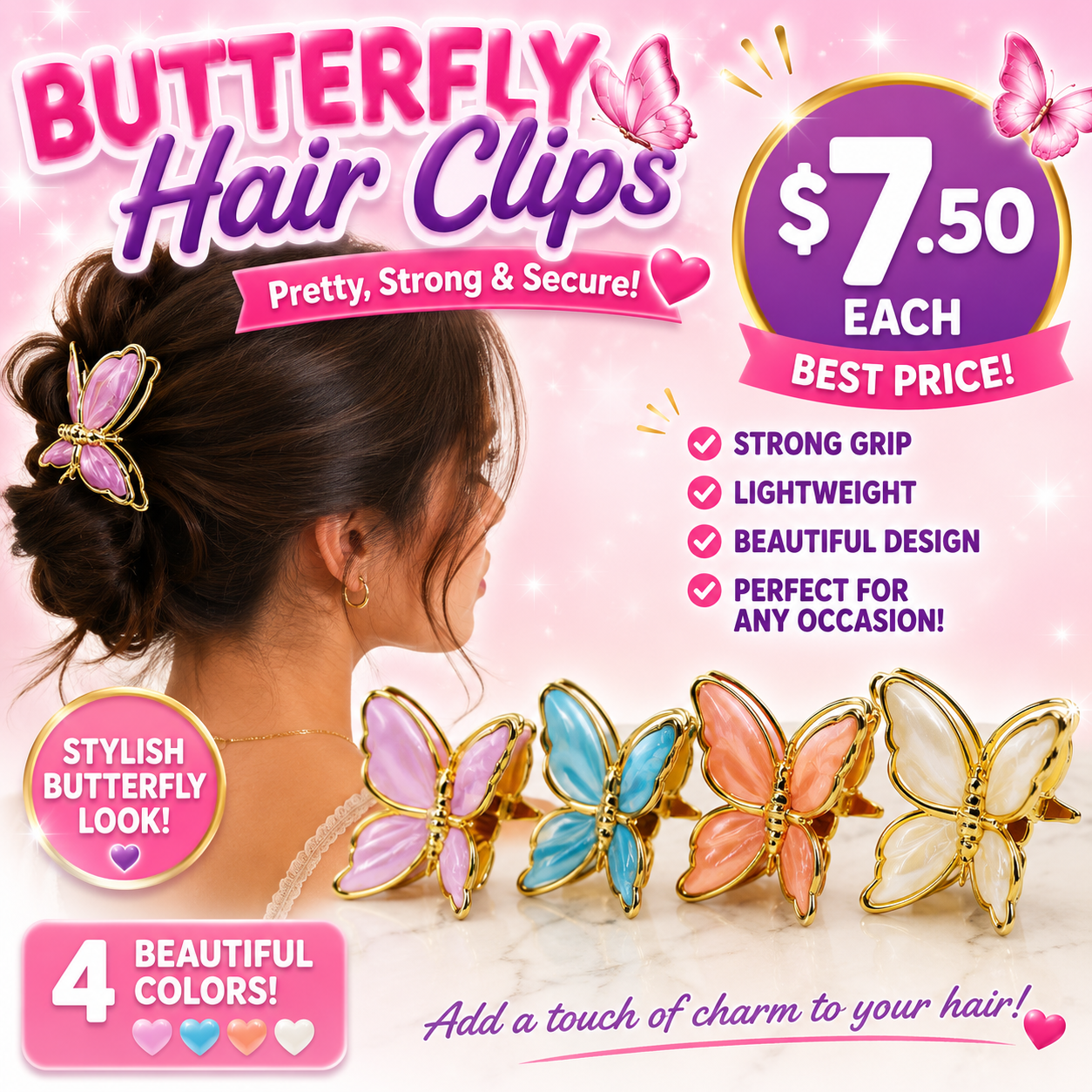12PCS PACK GOLD TRIM COLORED BUTTERFLY HAIR CLIP DHC-1211