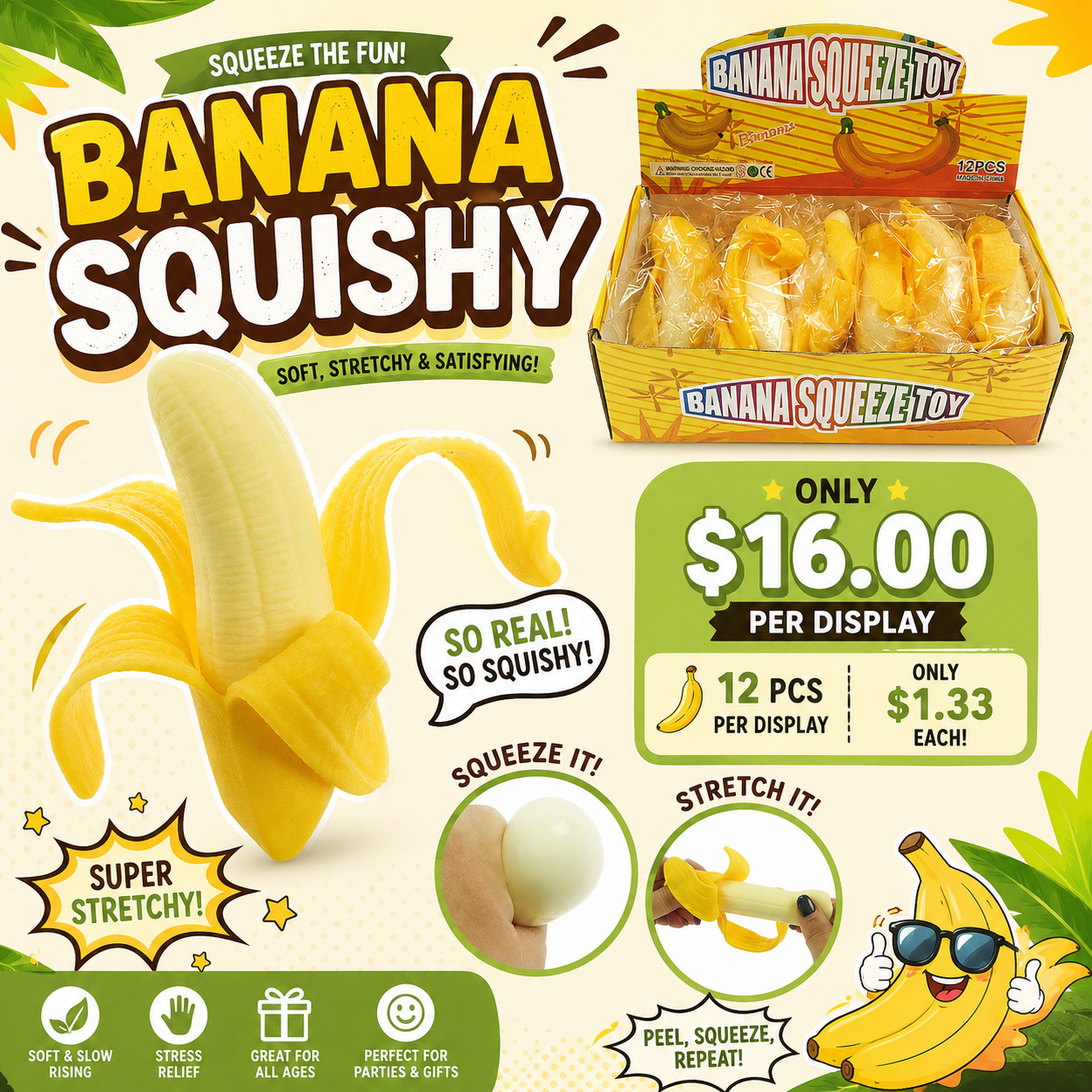 12PCS DISPLAY SQUEEZE TOY FUNNY BANANA T-105
