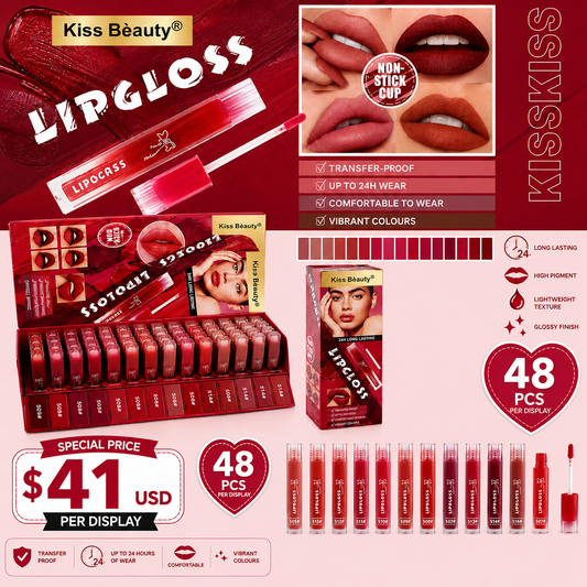 48PCS DISPLAY KISS BEAUTY RED TONES LIP GLOSS 71031-03B