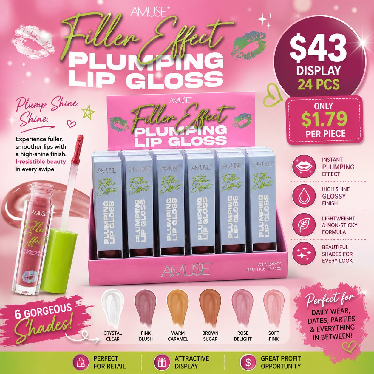 24PCS DISPLAY AMUSE FULLER EFFECT PLUMPING LIP GLOSS LIP2203