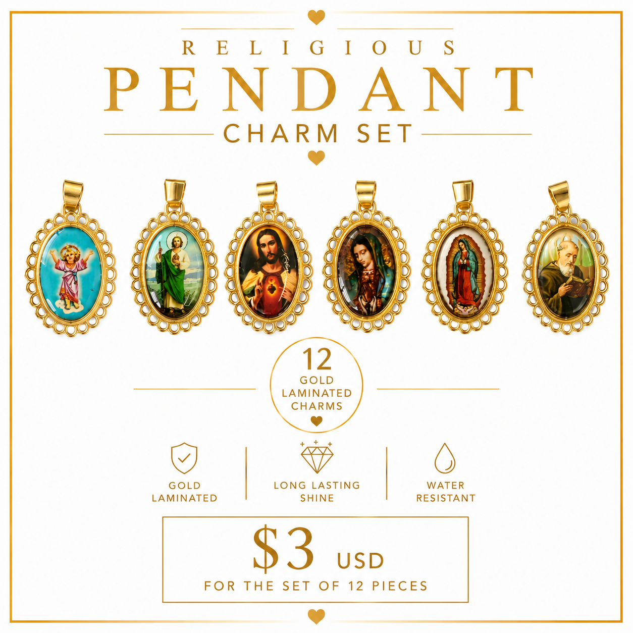 12PCS ORO LAMINADO RELIGIOUS PENDANT MIX BUNDLE