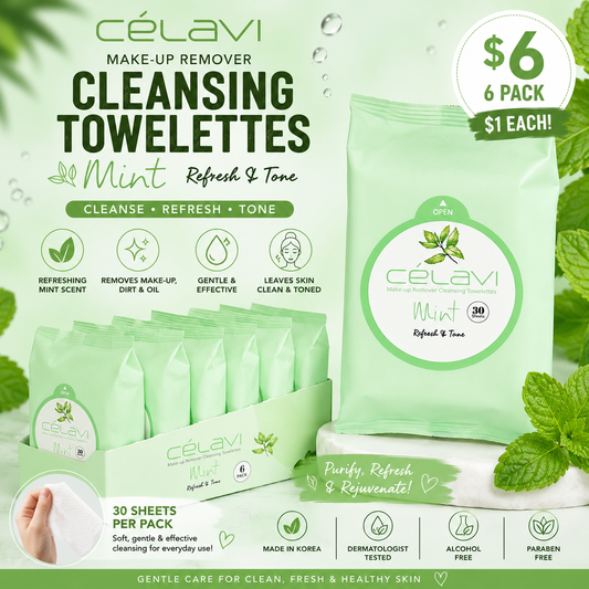 6PCS DISPLAY CELAVI  MINT MAKE-UP REMOVER CLEANSING TOWELETTES MT020