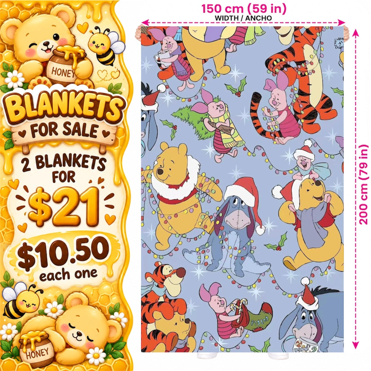 2PCS BLUE CHRISTMAS POOH & FRIENDS BLANKET D-7