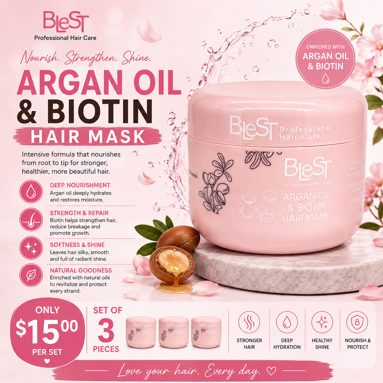3PCS BLEST ARGAN OIL AND BIOTIN HAIR MASK BH701