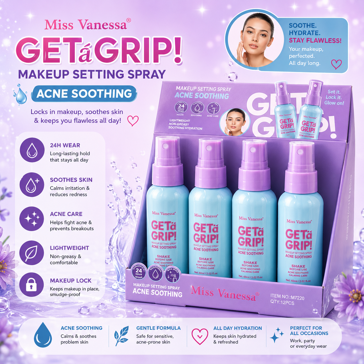 12PC DISPLAY MISS VANESSA ACNE SOOTHING SETTING SPRAY M7218-1