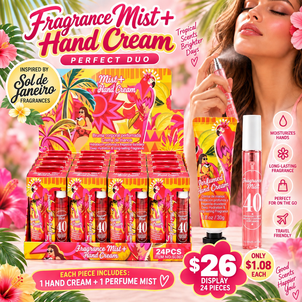 24PCS DISPLAY RED & YELLOW 40 FRAGRANCE & HAND CREAM DUO SET SL007
