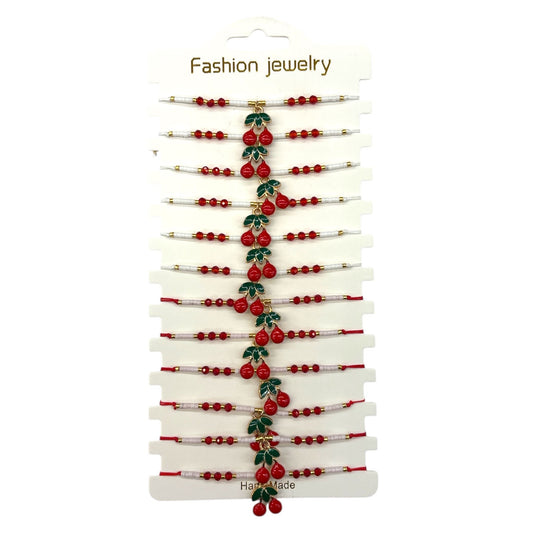 DANGLE CHERRY CHARM STRING  BRACELET 12 PCS PACK