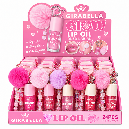 Girabella Lip Gloss With Pom Pom & Charm Keychain