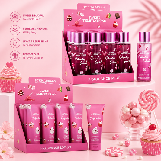 2 DISPLAYS 12PCS EACH 1 SPRAY 1 CREAM SCENA BELLA SWEET TEMPTATION CUPCAKE BODY MIST & BODY LOTION