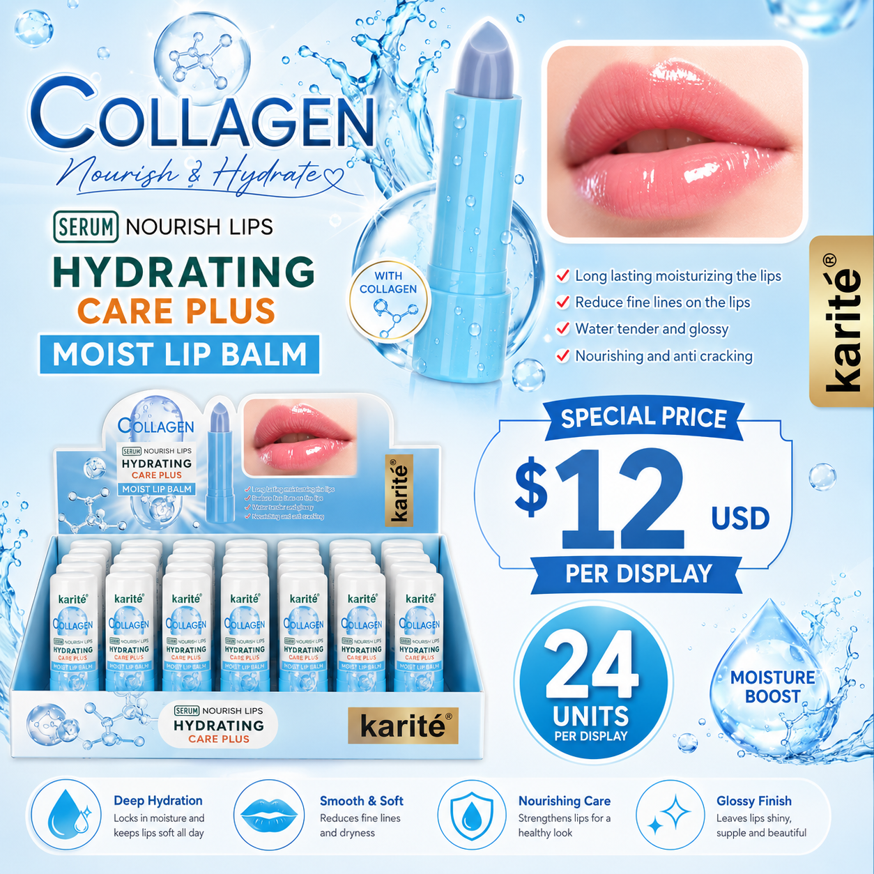 24PCS DISPLAY KARITE COLLAGEN CARE PLUS LIP BALM 29429-47A