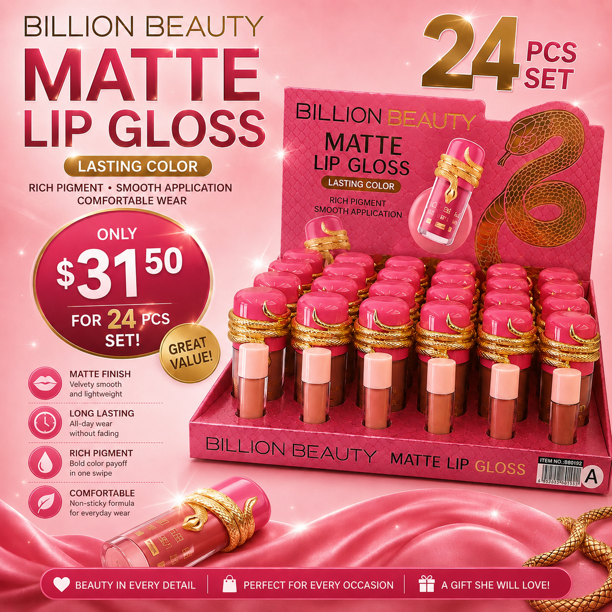 24PCS DISPLAY BILLON BEAUTY MATTE LIPGLOSS B80192