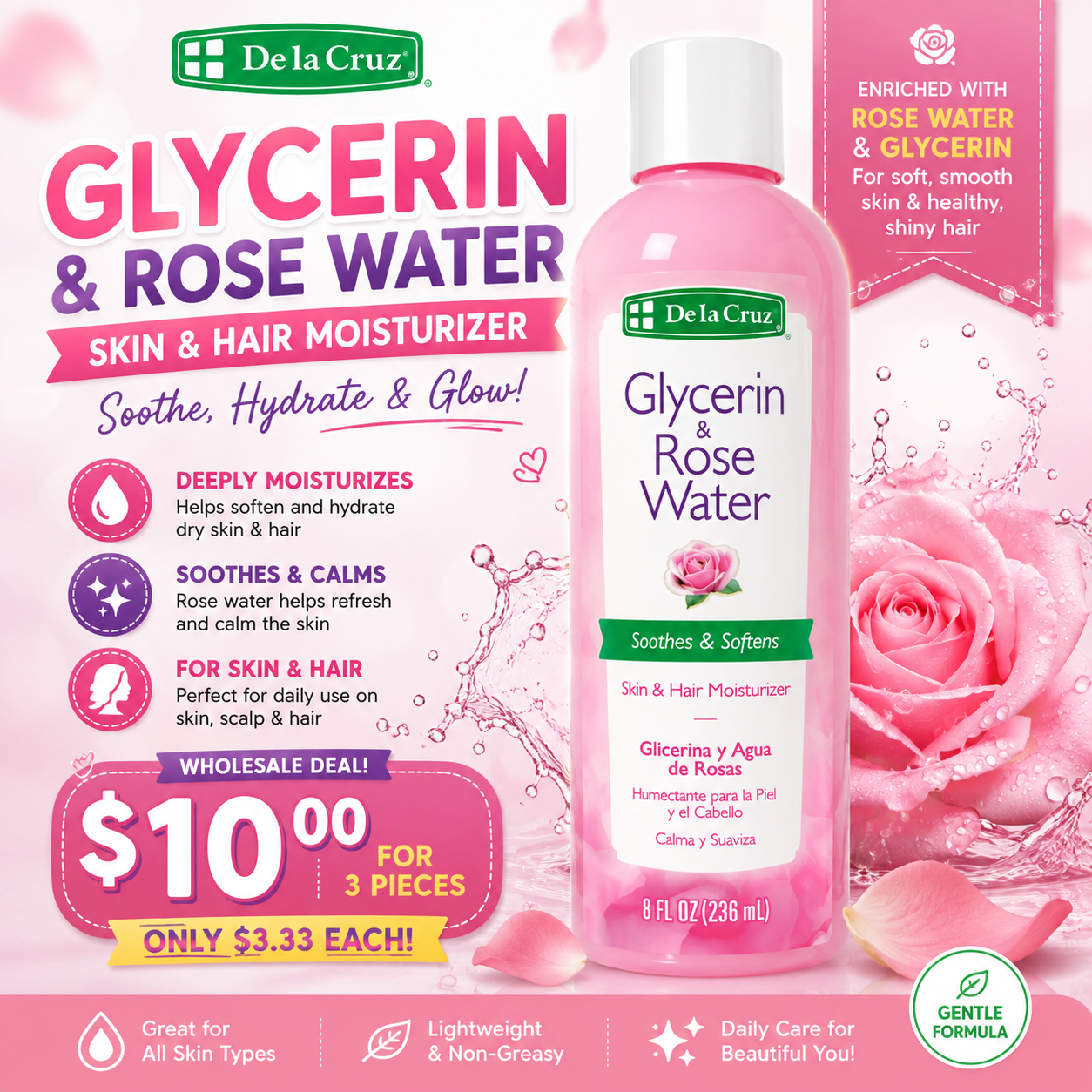 3PCS DE LA CRUZ GLYCERIN & ROSE WATER 5610