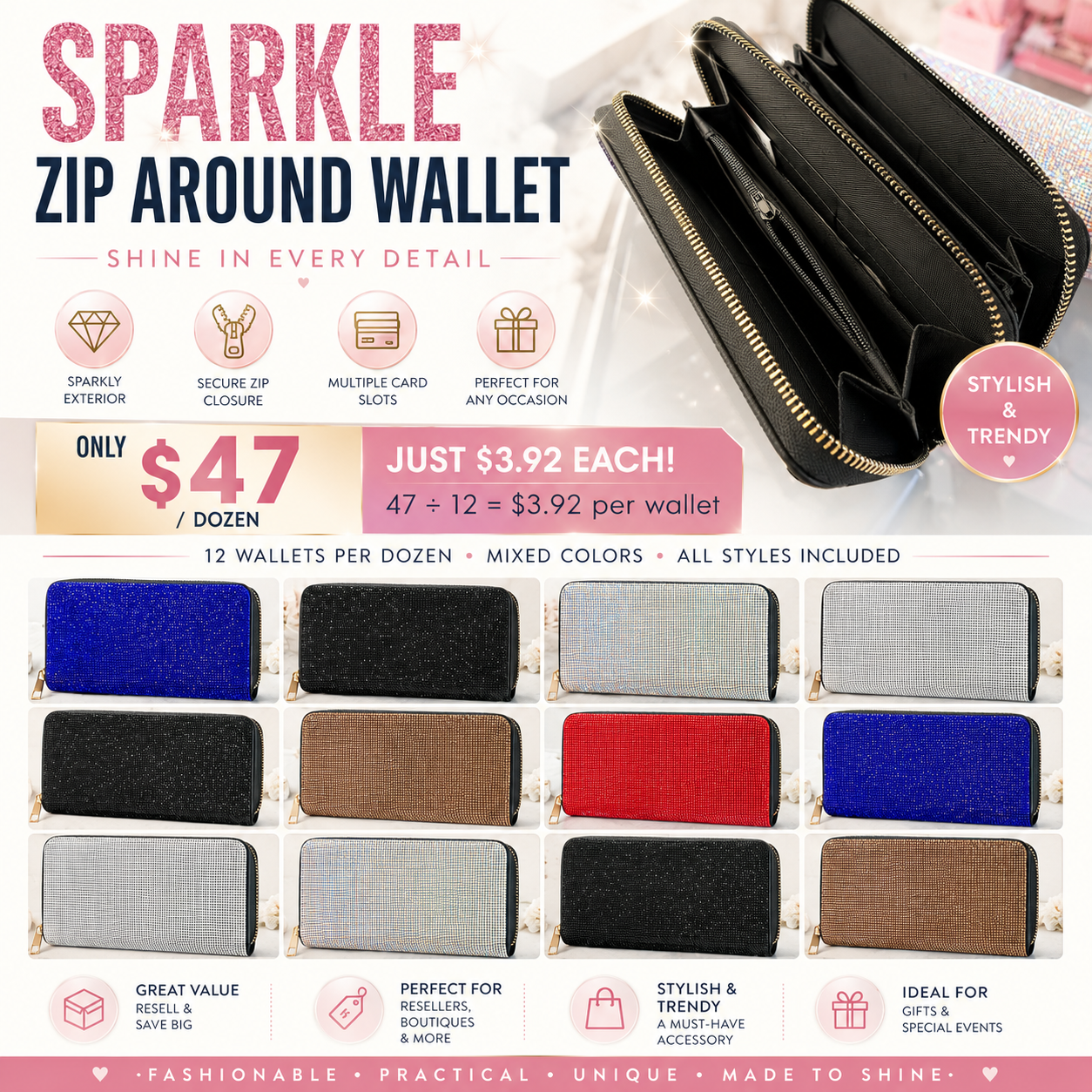 12PCS SET LUXURY BLING BLING MIX COLORS WALLETS