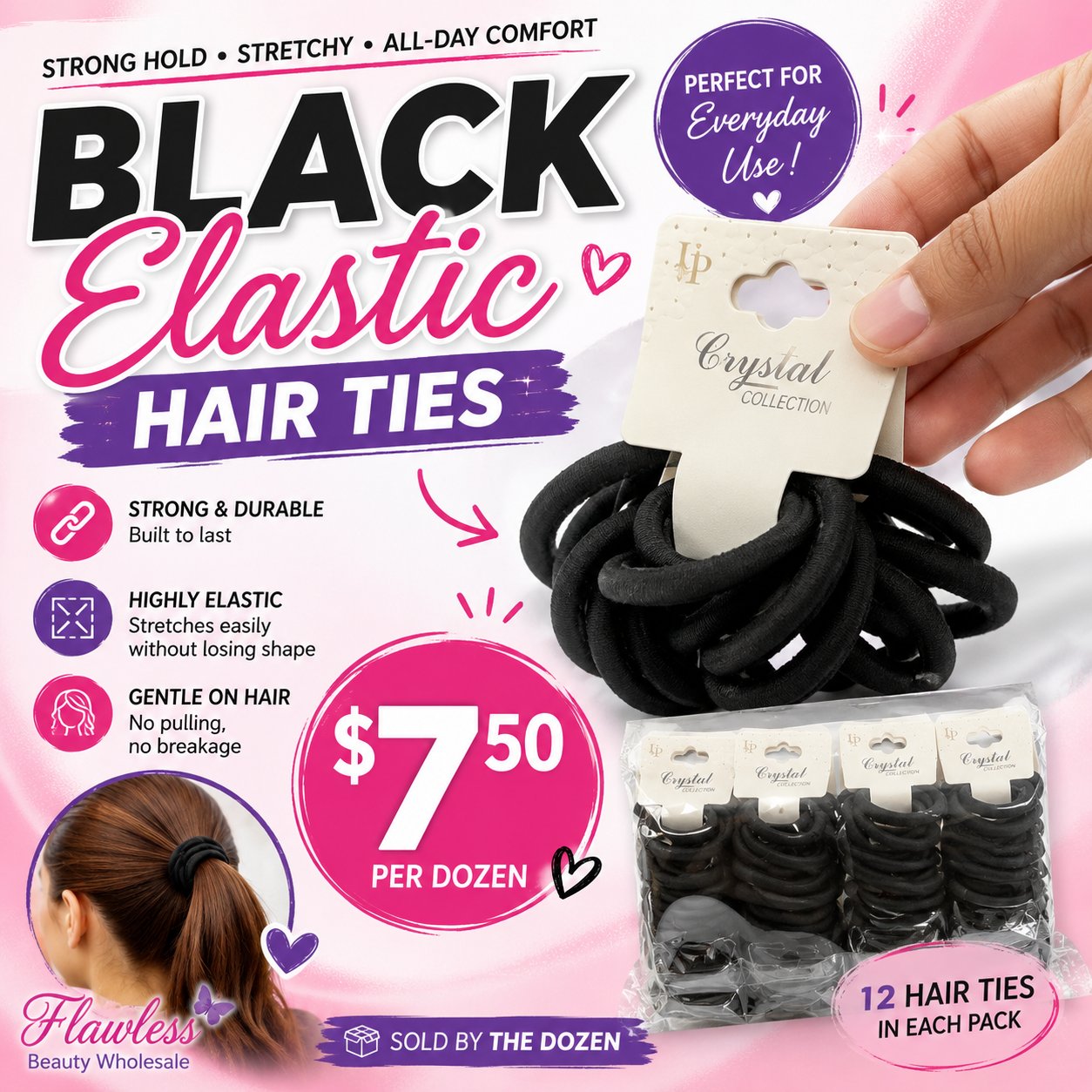 12PCS HAIR TIES ELASTIC COLOR BLACK DHP-0176B